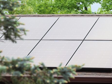 Solar Panel technology on shingle roof with tree foreground