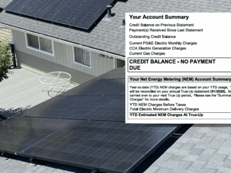 PG&E electric bill with net energy metering summary overlaid atop residential solar install performed by the Six Rivers Solar team